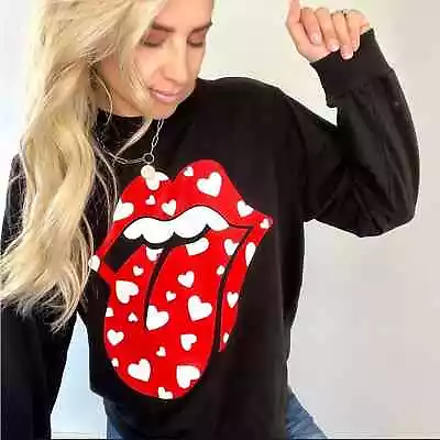 Buy The Rolling Stones | Womens Black & Red Lip Logo With Hearts Sweatshirt Pullover • 33.63£