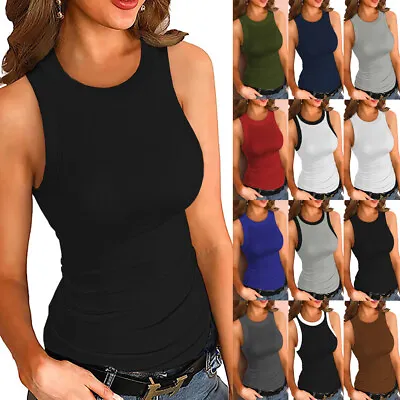 Buy Ladies Sleeveless Ribbed Stretchy Tee Tops T-shirts Casual Blouse Cami Tank Vest • 10.30£
