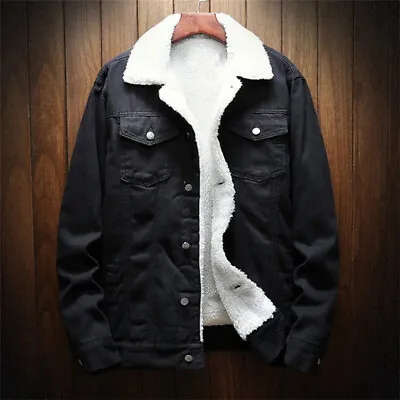 Buy Mens  Long Sleeve Denim Button Winter Coats Fleece Solid Turn-down Collar Jacket • 23.36£
