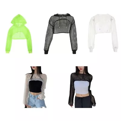 Buy Womens See Through Mesh Fishnet Long Sleeve Hoodie Pullover Crop Top Clubwear • 9.70£