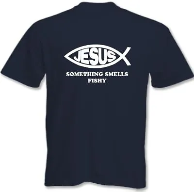 Buy Atheist T-Shirt Atheism Darwin Fish Jesus Something Smells Fishy Mens Funny  • 8.98£