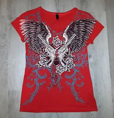Buy Rhinestone Bling Guns Angel Wings Roses Red T-Shirt SMALL Goth Biker Tattoo Y2k • 19.29£