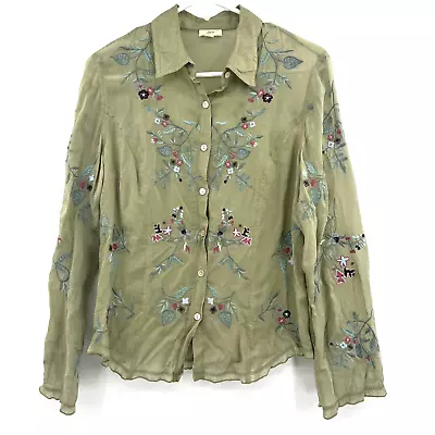 Buy J. Jill Green Button Front Embroidered Floral Blouse Womens Small • 14.20£