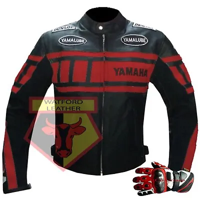 Buy Yamaha Red & Black Motorbike Armoured Cowhide Leather Jacket And Matching Gloves • 169.99£