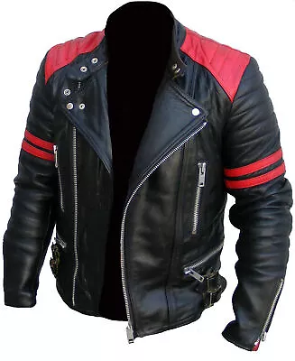 Buy Men's Genuine Leather Red And Black Unique Style Brando Cafr Racer Biker Jacket • 72.99£