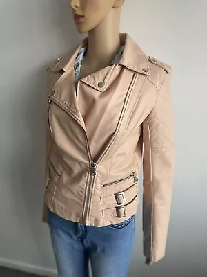 Buy Pale Pink Women’s Leather-Style Biker Jacket UK Size 8-10 With Zips Clothes Coat • 20£