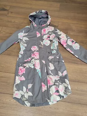Buy Joules Grey Floral Pink White Hooded Long Waterproof Raincoat Coat Jacket Sz 8 • 9.99£