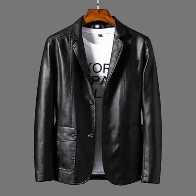 Buy Plus Size Men PU Leather Jacket Slim Fit Casual Blazer Coat Faux Leather Blasers • 69.53£