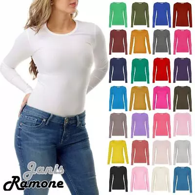 Buy Womens Round Neck T-Shirt Long Sleeve Stretchy Tee Basic Plain Casual Jersey Top • 6.99£