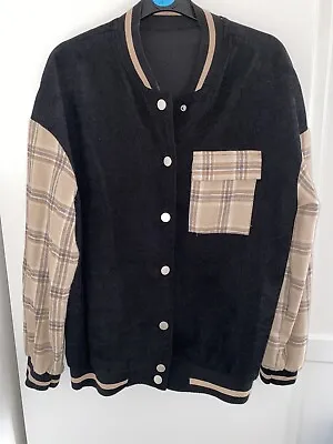 Buy Shein Light Jacket Size 12 Black Corduroy Baseball Style Jacket Plaid Sleeves • 4£