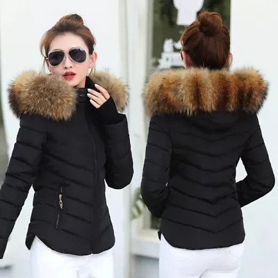 Buy Eco-Fur Trim Hoodie Padded Winter Slim Jacket • 34.79£