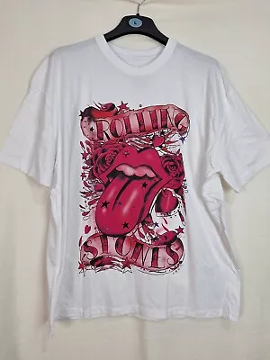 Buy Rolling Stones Rock Band Tee White T-Shirt Tongue Stars Mens Size M Oversized • 12.99£