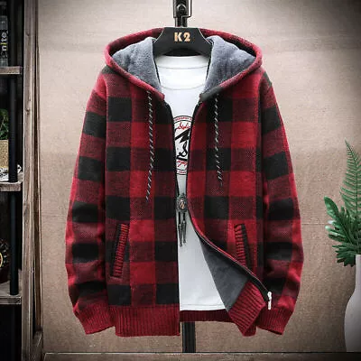 Buy Men's Plaid Warm Fleece Lined Thick Hoodie Winter Zip Up Coat Jacket Sweatshirt • 17.99£