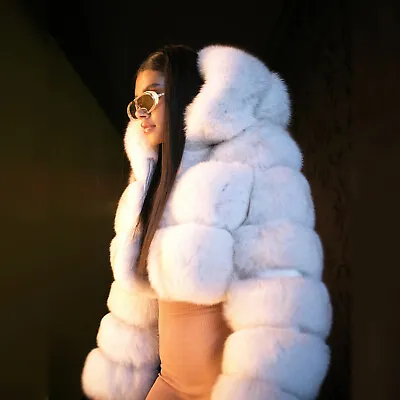 Buy Sexy Women Natural Real Fox Fur Winter Coat Hooded Female Warm Cropped Jacket • 377.89£