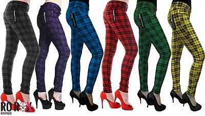Buy Women's Plaid Check Punk Skinny Trousers - Ladies Goth Emo Stretch Tartan Pants • 34£