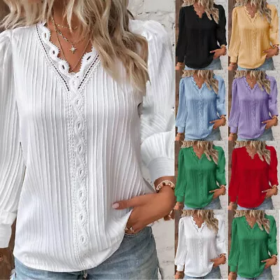 Buy Womens V Neck Hollow Lace T-Shirt Summer Ladies Blouse Long Sleeve Tops Pullover • 8.66£