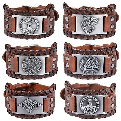 Buy Mens Vintage Viking Brown Leather Norse Metal Rune Valknut Wolf Design Bracelet  • 9.95£