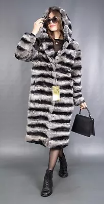 Buy 12545 New Superior Rex Chinchilla Fur Coat Jacket Hood Long Beautiful Size M • 0.79£