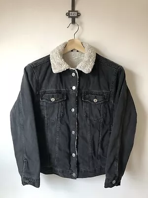Buy Topshop Sherpa Lined Dark Grey Denim Jacket, Size 6, Pockets, Button Up 07 • 10£