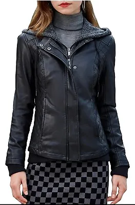 Buy S P Y M Womens Removable Hooded Faux Leather Jacket Quilted Windproof Coat M • 29£