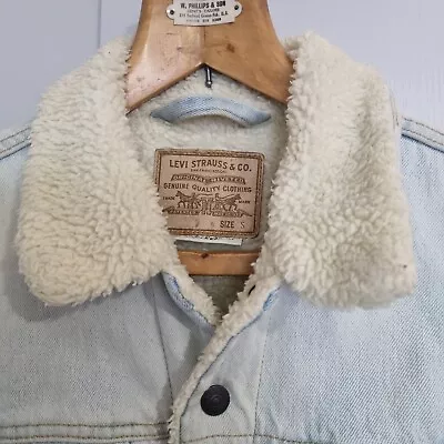 Buy Levi's Mens Light Blue Denim Sherpa Jacket Fur Lined Size S Cowboy Biker • 22.99£