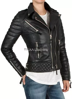 Buy Racer Women Quilted Authentic NAPA Natural Leather Jacket Black Heavy Biker Coat • 113.11£
