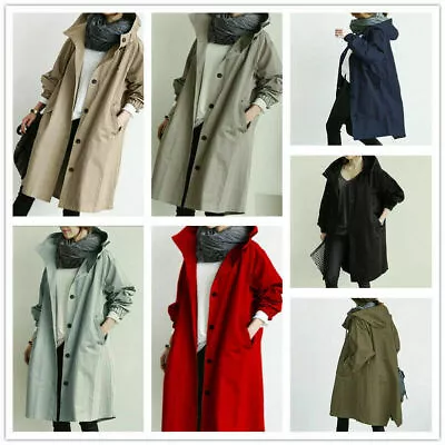 Buy Women Oversized Loose Coat Trench Coat Hooded Windbreaker Rain Jacket • 18.36£