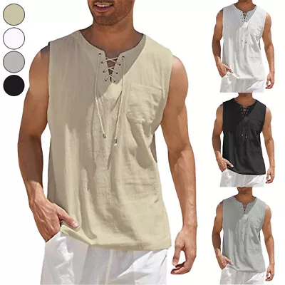 Buy Men's Sleeveless Vest Lace Up Shirts V-neck Loose Fitting T-Shirt Casual Tops • 8.99£