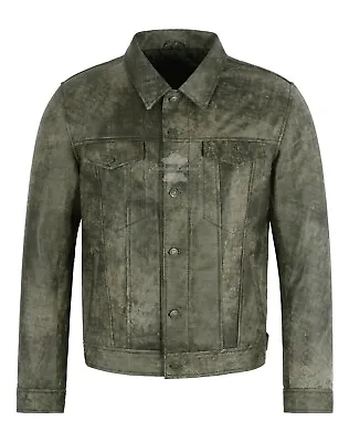 Buy Leather TRUCKER JACKET Olive Vintage Cracker RealLeather 70's Shirt Jacket • 129.73£