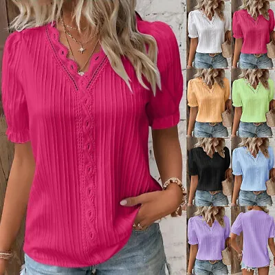 Buy Womens V Neck Summer Ladies T-Shirt Blouse Short Sleeve Tops Pullover Plus Size • 10.89£