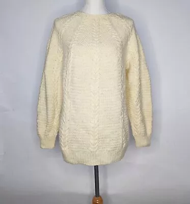 Buy Vintage 80s Cream Cable Knit Long Relaxed Jumper Pulloever Sweater Scandi Sz M • 93.32£