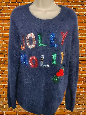 Buy Womens Next Knitwear Uk 12 Navy Blue Fluffy Sequin Christmas Jumper Jolly Holly • 14.99£