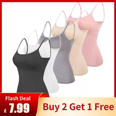 Buy Womens Padded Cami Tank Vest Tops With Built In Bra Strappy Slim Camisole Blouse • 1.99£