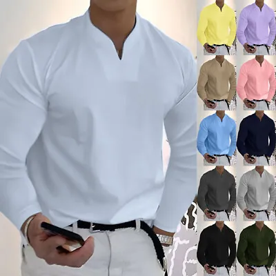 Buy Mens Polo Solid Casual Shirts Long Sleeve Grandad Loose Blouse Tops Tee Size • 11.69£