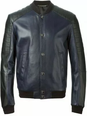 Buy Noora MEN Leather Jacket Navy Blue Bomber Genuine Lambskin Slim FIT ALL Size SP8 • 144£