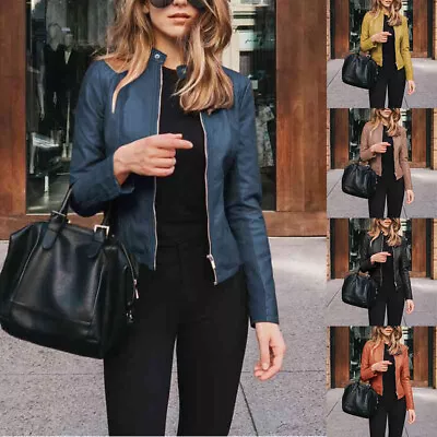 Buy Women Casual Zip Up Faux Leather Jacket Biker Blazer Coat Ladies Outwear Tops • 17.87£