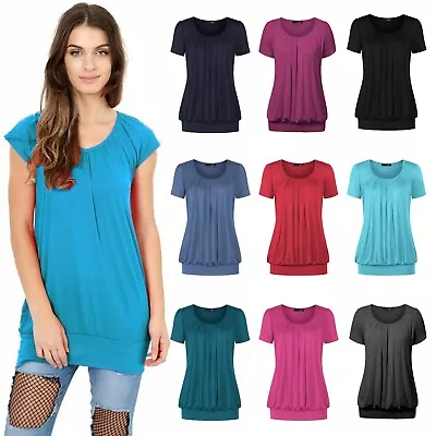 Buy Womens Short Sleeve Summer Gathering Top Scoop Neck Pleated Front Casual T Shirt • 6.25£