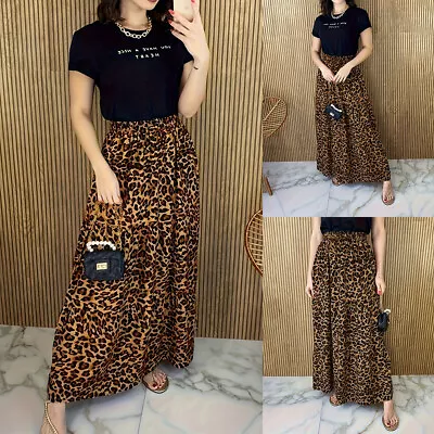 Buy Womens Leopard Print Maxi Skirt Ladies Summer Casual Swing Long Skirts Dress • 3.49£