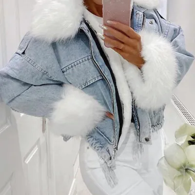 Buy Trendy Women's Oversized Faux Fur Collared Hooded Lined Denim Jacket Winter Coat • 58.50£