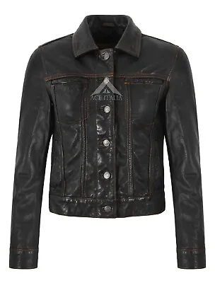 Buy Women's Trucker Classic Black WAX Leather Jacket Western Style Denim Look Jacket • 96£