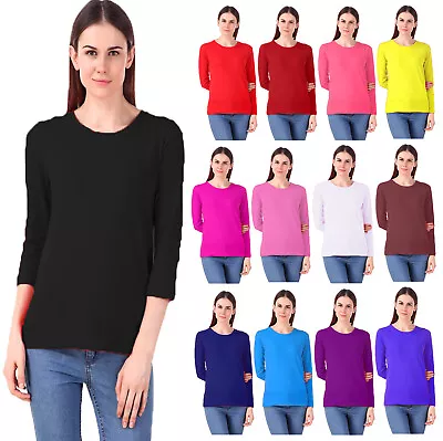 Buy Womens Long Sleeve T Shirt Top Ladies Plain Round Neck Top UK Plus Sizes 8-26 • 7.99£
