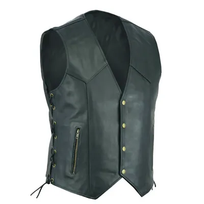 Buy Men Genuine Classic Black Leather Leather Plain Waistcoat Motorcycle Biker Vest • 17.53£