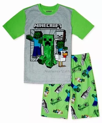 Buy NWT Minecraft Pajamas Set Shorts Shirt Boys Girl Creeper Zombie Skeleton Chicken • 18£