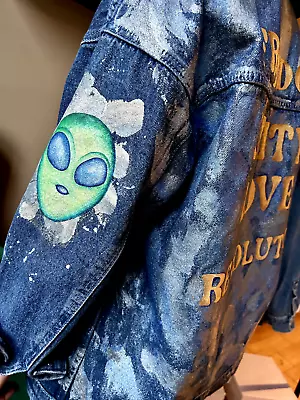 Buy OOAK , Custom Made Denim Jacket, Glitter Hand Painted With Alien And Peace Sign • 249£