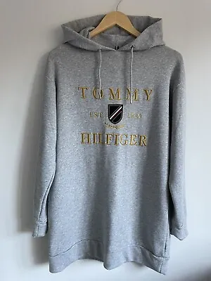 Buy Tommy Hilfiger Grey Hoodie Sweater Jumper Hooded Embroidered Logo Dress Small • 35.99£