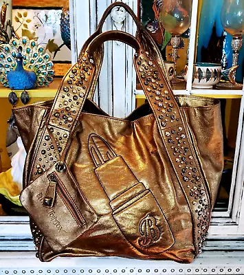 Buy Vintage Betsey Johnson Bronze Leather Lipstick Stud Large Hobo Bag Dress Handbag • 94.71£