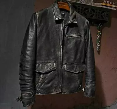 Buy Men’s Motorcycle Biker Vintage Cafe Racer Distressed Black Real Leather Jacket • 101.99£