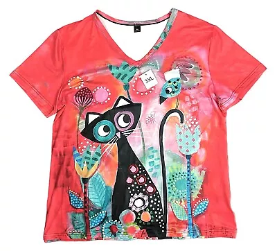 Buy Abstract Kitty-Cat Floral   V-NECK PRINT SHIRT   Size 3X  Polyester-Spandex  NEW • 10.39£
