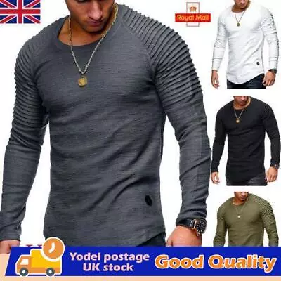 Buy Mens Long Sleeve T-shirts Plain Muscle Fit Crew Neck Fold Blouse Casual Tee Tops • 5.68£