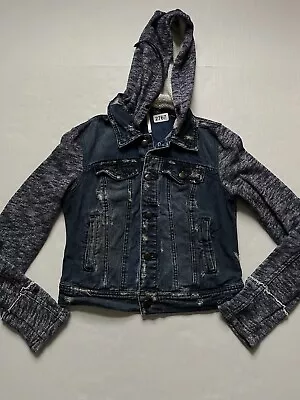 Buy Free People Jean Jacket Womens XS Denim Distressed Knit Hooded Removable Hoodie • 24.12£